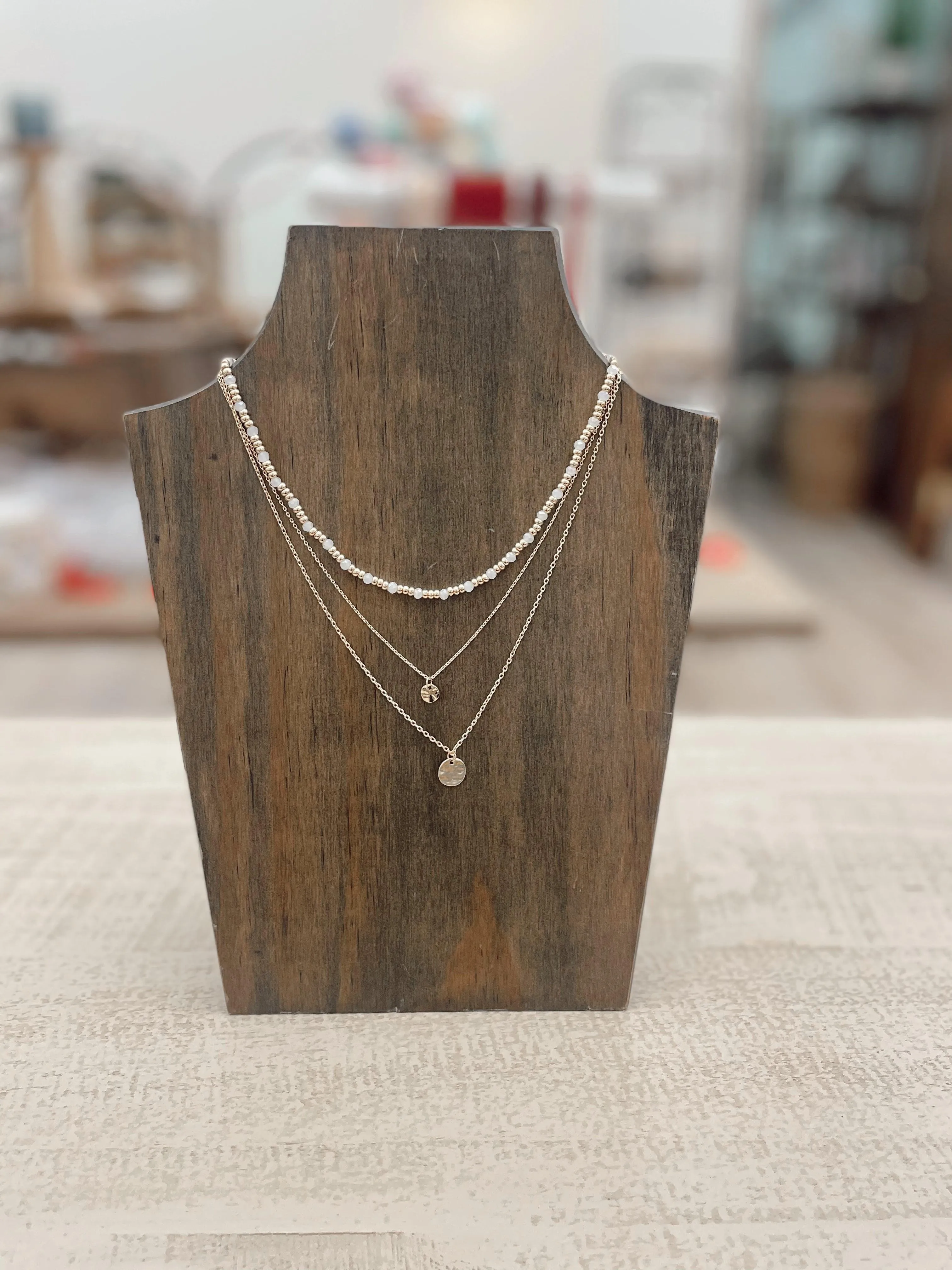 Triple Layered White Stone with Gold Coin Necklace (16"-18") | Boho Jewelry