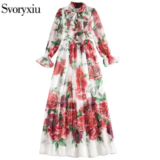 WILUXE  Dress Women's Elegant Beach Vacation Flower Printing Long Dress Bow Collar Floor-Length Party Dresses