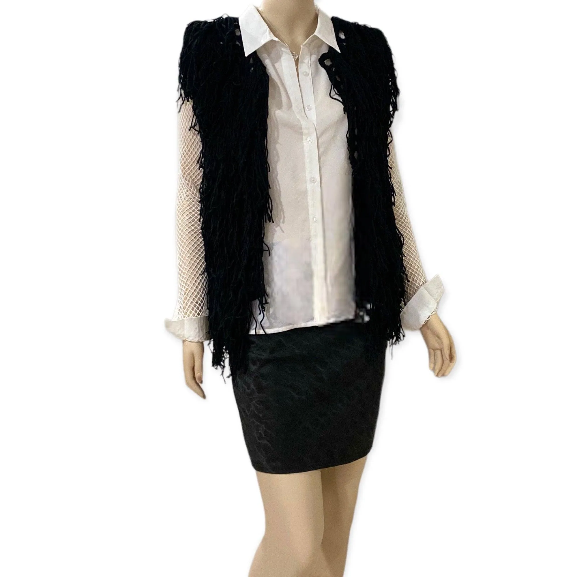 Women's Black Crochet Fringe Vest
