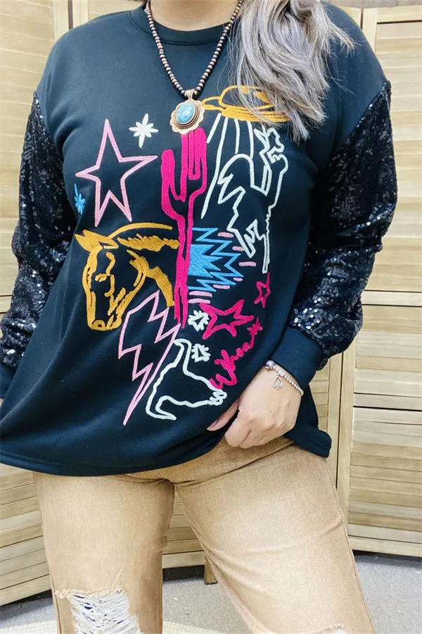 XCH15788 Yellow horse/Fuchsia cactus multi color graphic embroidery long sleeve w/black sequin women tops