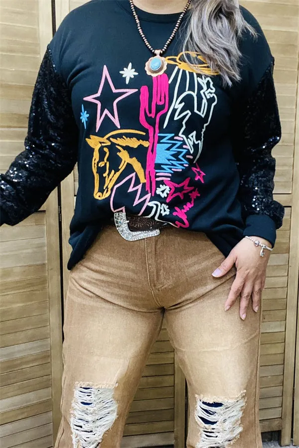 XCH15788 Yellow horse/Fuchsia cactus multi color graphic embroidery long sleeve w/black sequin women tops